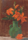 Green Vase With Red Flowers